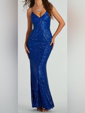 WINDSOR SZ S Royal Blue May V-Necked Mermaid Sequins Long Formal Party Dress